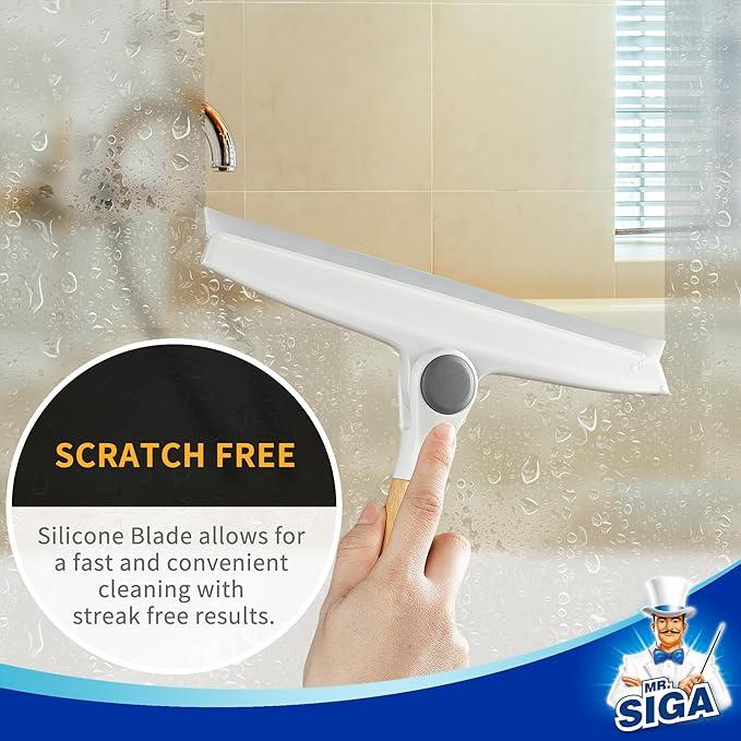 MR.SIGA All Purpose Silicone Squeegee for Shower Door, Mirror, Glass, Streak Free Shower Squeegee, Pivoting Bamboo Handle, Includes 1 Suction Hook, 10 inch Wide, 1 Pack - NeatNest