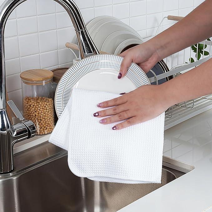 POLYTE Premium Microfiber Kitchen Dish Hand Towel Waffle Weave 12 Pack (16x28 in, White) - NeatNest