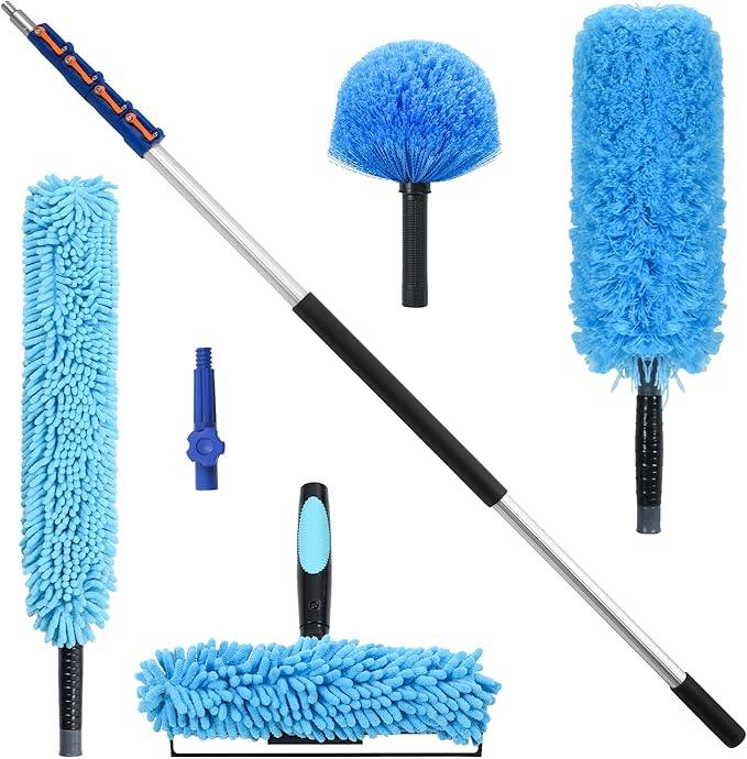 30 Foot High Reach Cleaning Kit with 6-24FT Telescoping Pole - High Ceiling Dusting and Window Cleaning Kit, Cobweb Duster, Window Washer & Squeegee, Fan Duster and Feather Duster - NeatNest