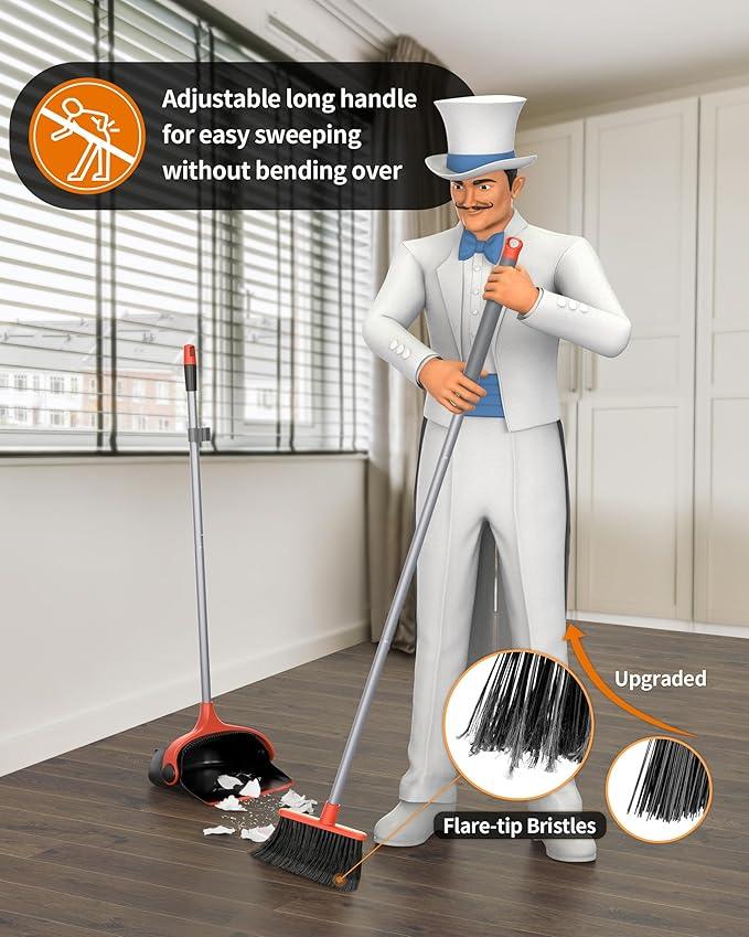 MR.SIGA Broom and Dustpan Set with Long Handle, Stand Upright Broom with Dustpan Combo for Floor Cleaning, Lightweight Sweeping Set for Indoor and Outdoor Use, 51.7"(131 cm) Long Handle, Black & Red - NeatNest