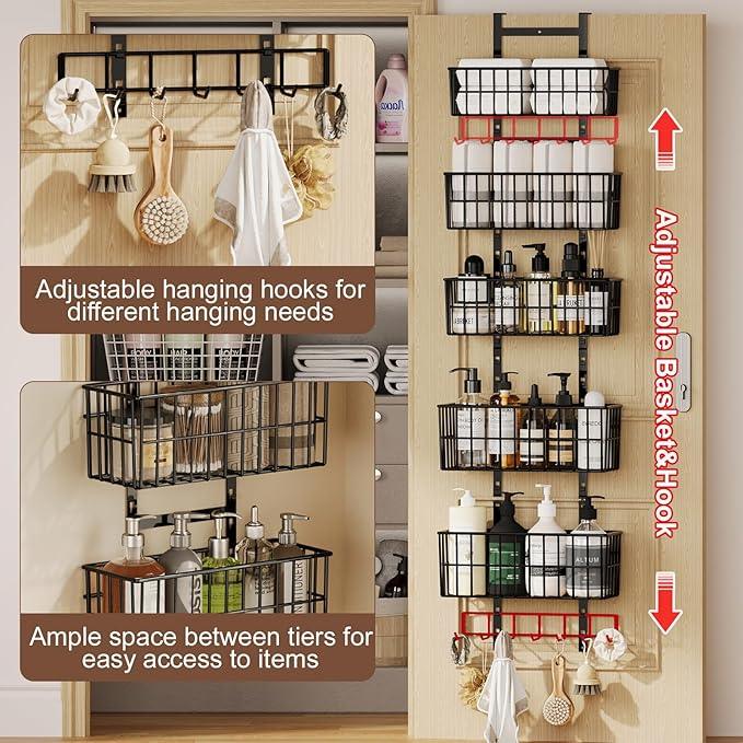 Adjustable Over The Door Organizer, Metal Hanging Door Organizer with 5 Wire Basket 7 Hooks, Wall Mounted Shelf for Pantry Laundry Organization and Storage, Black - NeatNest