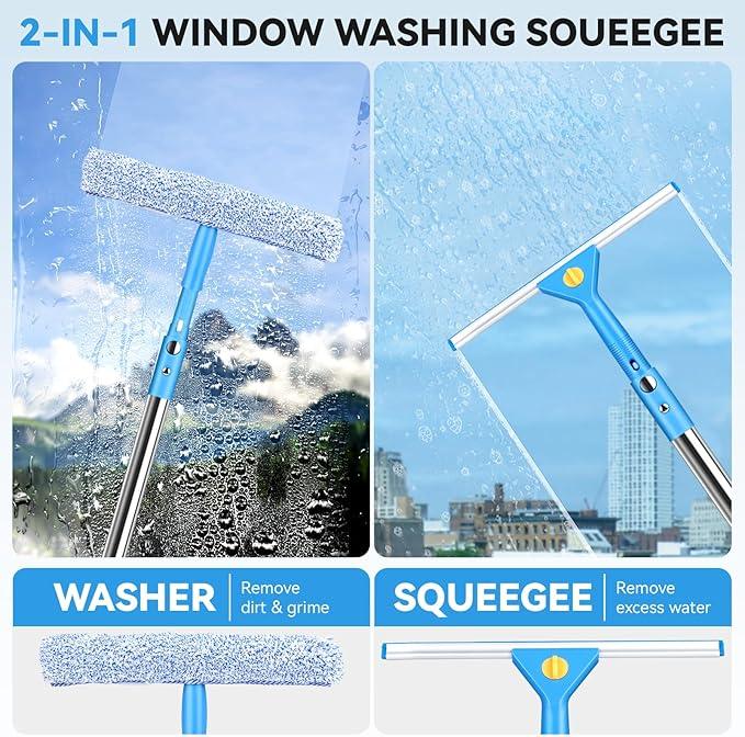 10ft Squeegee for Window Cleaning, Window Washing Kit with Extension Pole, Window Squeegee for Home, Window Cleaning Kit with 2 Brush Covers, Window Cleaner Tool for Indoor Outdoor High Windows Glass - NeatNest