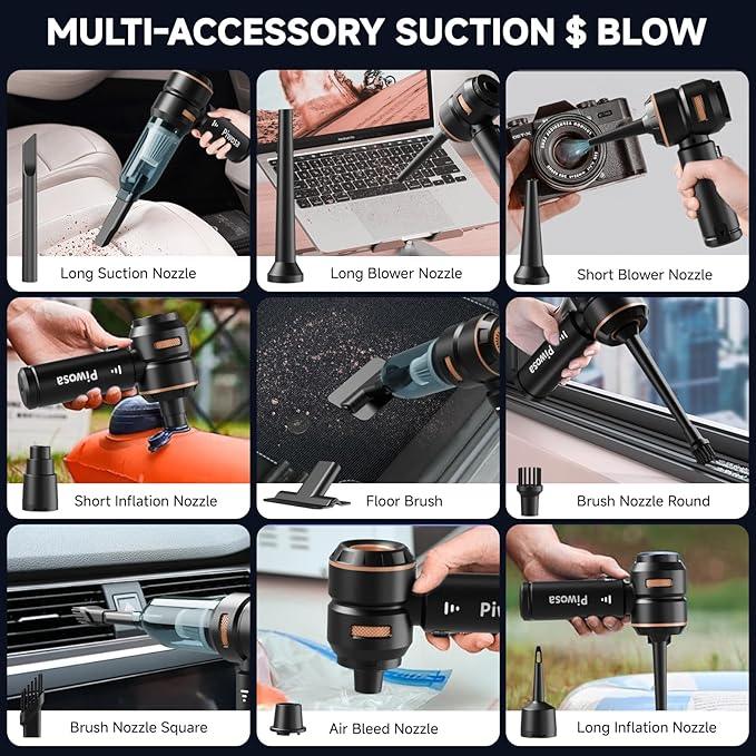 Handheld Vacuum Cordless, Car Vacuum Cleaner with Brushless Motor, Strong Suction Vacuum & Compressed Air Dusters with LED Light, Wireless Mini Portable Hand Vacuum Blower for Home, Pet (Black) - NeatNest