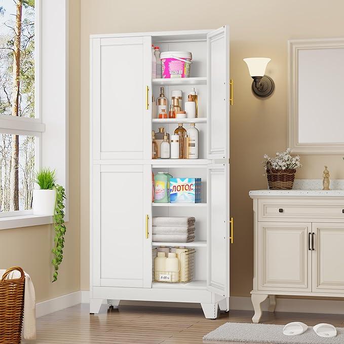75" H Tall Kitchen Pantry Cabinet, Pantry Storage with Doors and 3 Adjustable Shelves, Metal Storage, Cupboard for Kitchen, White - NeatNest