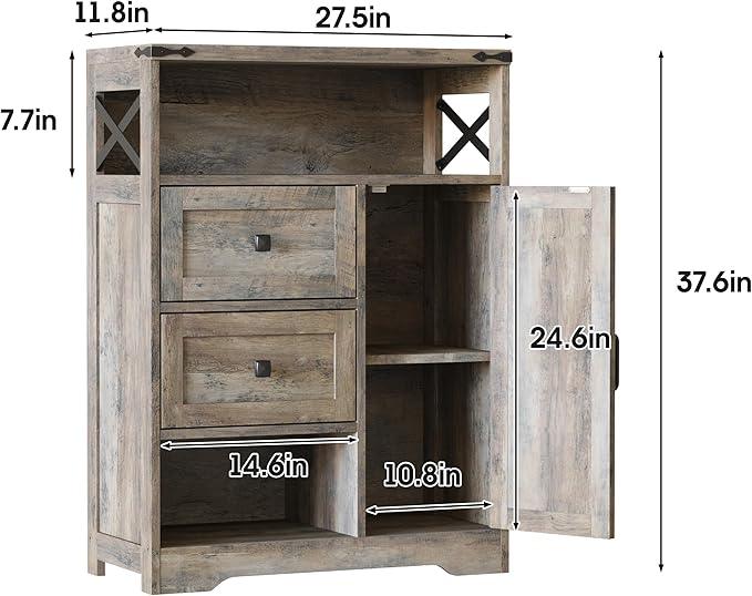 Fameill Farmhouse Storage Cabinet with 2 Drawers & Shelves,Freestanding Kitchen Cabinet with Doors,Floor Storage Organization for Living Room,Bathroom,Laundry,Grey - NeatNest