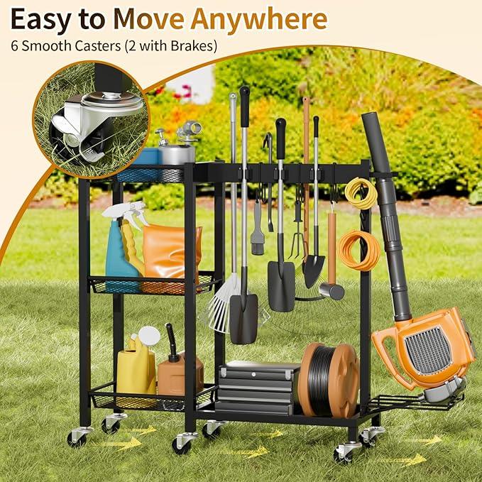 Broom Holder with Cleaning Supplies Organizer Load 350 LBS Cleaning Cart with Wheels Broom Closet Storage with 3-Tier Shelves, 6 Mop Hanger Grippers, 3 Double-Hooks, Vacuum Stand for Laundry Garage - NeatNest