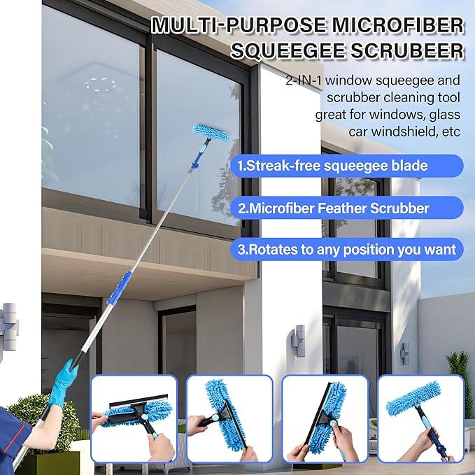 30 FT High Reach Cleaning Kit with 7-30 Foot Telescoping Extension Pole, Flexible Ceiling Fan Duster, Microfiber Feather Duster, Cobweb Duster & Window Squeegee & Washer - NeatNest
