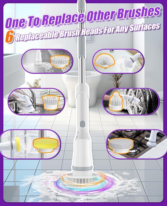 NBONEBS Electric Spin Scrubber, Cordless Shower Scrubber Rotary Floor Brushes & Pad Drivers with 6 Brush Heads - 2H Dual Speed, IPX7 Waterproof Extension Handle for Bathroom Tile Car Cleaning - NeatNest
