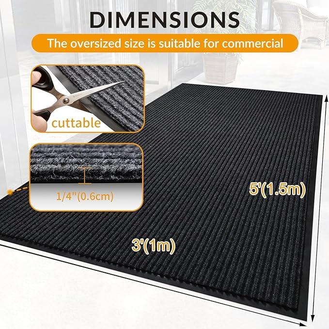 LVETOLS 3' x 5' High Traffic Guard Doormat, Commercial Grade Door Floor Mat Striped Brush Step Entrance Mat with Rubber Backing, Low Profile Commercial Rugs for Entryway, Easy to Clean(Jet Black) - NeatNest