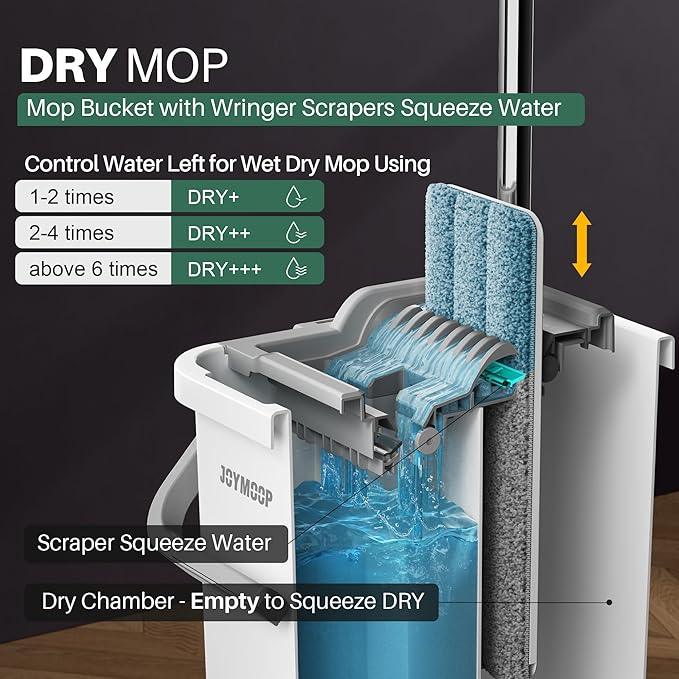 JOYMOOP Mop and Bucket with Wringer Set, Flat Squeeze Mop Flat Head, Dust Mops for Wall Cleaner with Long Handle, Hands-Free Microfiber Mops for Floor Cleaning - White - NeatNest