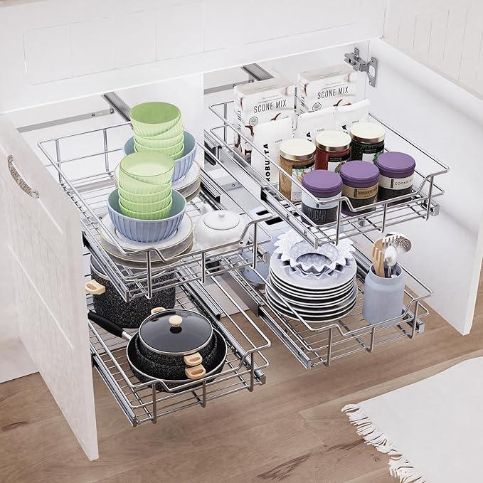 Pull Out Cabinet Organizer 14" W X 17" D, Slide Out Drawers For Kitchen Organizers and Storage, Pull Out Drawers For Cabinets Capacity Heavy Duty Caddy, Cabinet Shelves Chrome-Plated, Bathroom Pantry - NeatNest