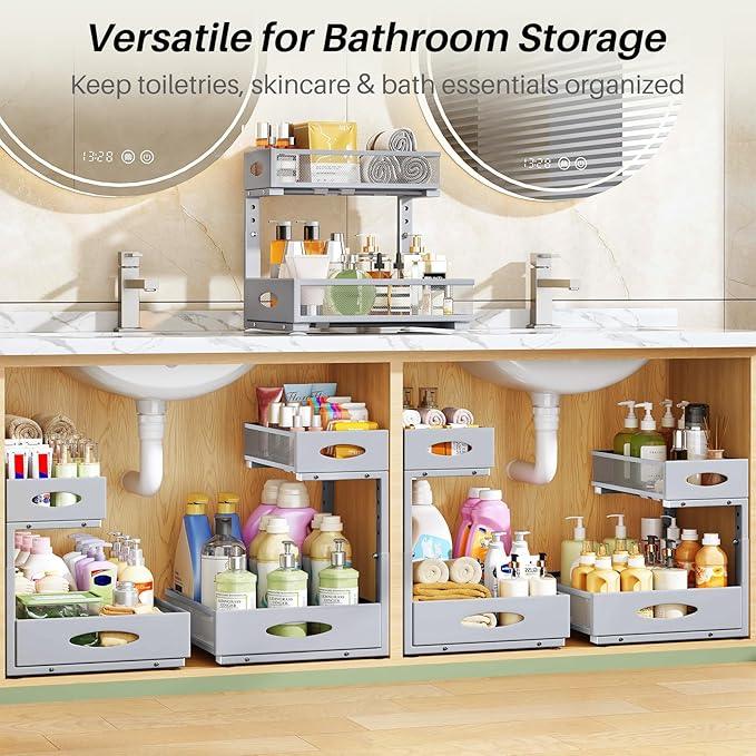 Under Sink Organizer, 2-Pack Pull Out Cabinet Organizer 2 Tier Metal Slide Out Storage Shelf Rack, L-Shaped Adjustable Height,Mesh Sliding Drawer for Kitchen, Bathroom, Laundry, Pantry, Grey, XL - NeatNest