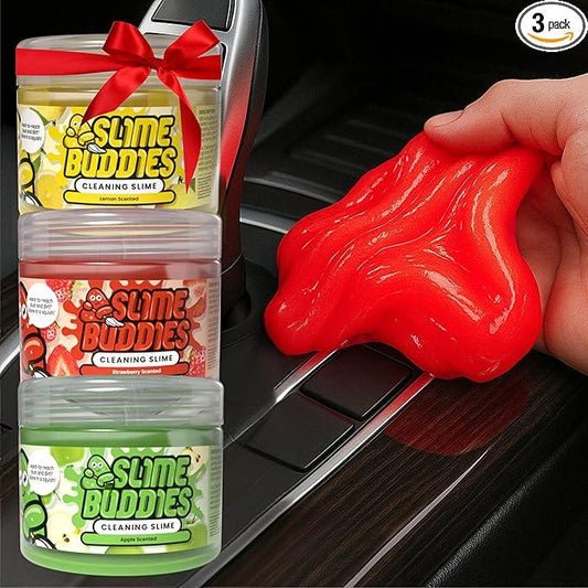 Slime Buddies Cleaning Slime | (3 Pack) 1 Lemon, 1 Apple, 1 Strawberry Scented Car Cleaning Gel | Car Interior, Cup Holder, & Keyboard Detailing Tool | Reusable Putty for Loose Dust & Dirt - NeatNest