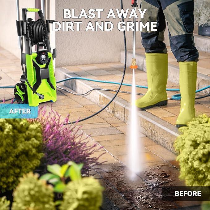 5000 PSI Adjustable Pressure Cleaner, 2025 New Power Cleaner Pressure Adjustable (2500PSI-5000PSI) with 33ft Pressure Hose, 4 Nozzle and Detergent Tank for Cars, Upgraded Green - NeatNest