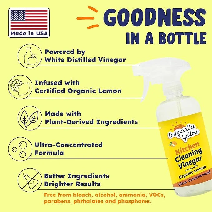 Originally Yellow Plant-Based Kitchen Cleaner | Powered by Natural Vinegar & Infused with Organic Lemon | Multipurpose Kitchen Counter Cleaner Works on Tile, Wood, Granite, & Marble, 16 Fl Oz (3-Pack) - NeatNest