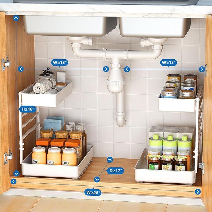 EVERIE Metal Pull Out Slide Shelf Organizer for Framed or Frameless Under Sink CabinetsOrganization in Kitchen, Bathroom, Counter, Cabinets (White, 1 Set) - NeatNest