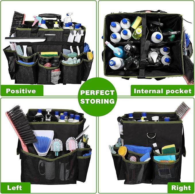 Large Rolling Cleaning Caddy Bag, Cleaning Caddy with Wheels with Detachable Trolley for Housekeepers, Water Resistant Cleaner Supplies Organizer with Wheels for Kitchen, Car, Picnic(Black-Green) - NeatNest
