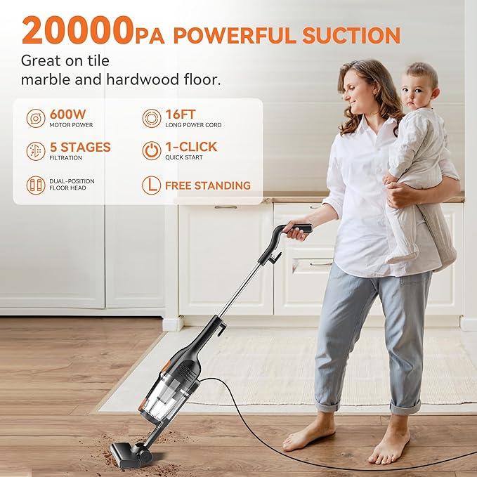 Vazone R6X Corded Stick Vacuum Cleaners for Home, 20Kpa Powerful Suction Stick Vacuum with 16Ft Cord, 2 in 1 Lightweight Handheld Vacuum Cleaner for Hardwood Floor Pet Hair - NeatNest