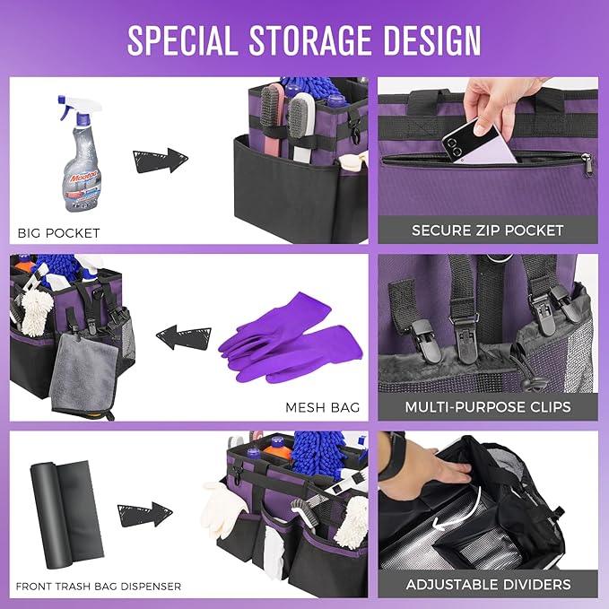 Wearable Cleaning Caddy, Cleaning Caddy Supplies Organizer with Handle & Shoulder Straps for Housekeepers, Under Sink & Car Cleaning Tool Organizers Bag with 4 Foldable Divider (Purple) - NeatNest