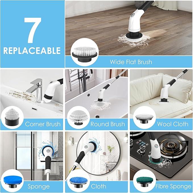 Electric Spin Scrubber, Cordless Cleaning Brush with 180 Min Runtime, 3-Speed, 7 Replaceable Brush Heads & Long Detachable Handle, LCD Display (RPM/Torque/Battery), for Bathroom, Kitchen, Tile - NeatNest