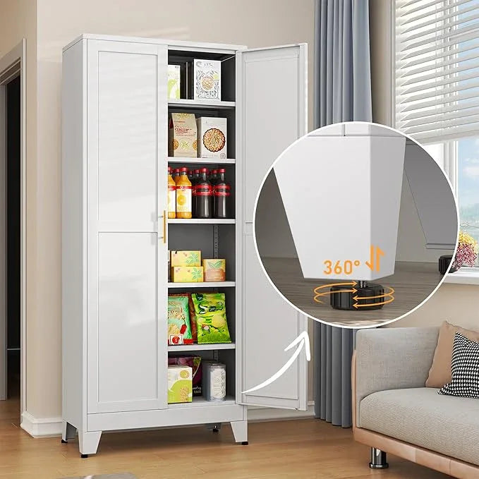 White Metal Storage Cabinet,75" Steel Cabinets for Home Office, Kitchen Pantry Storage Cabinet with Doors and 5 Adjustable Shelves, Tool Cabinets, for Office, Home, Garage, School - NeatNest