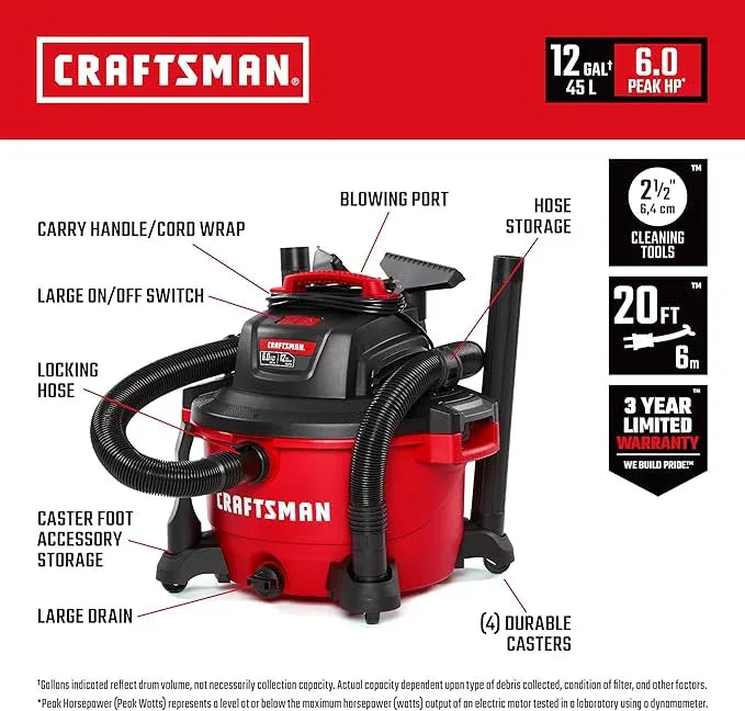 CRAFTSMAN CMXEVBE17594 12 Gallon 6.0 Peak HP Wet Dry Vac, Portable Shop Vacuum Wet and Dry with Filter, Dust Bag, Hose and Attachments for Home Projects & Renovations - NeatNest