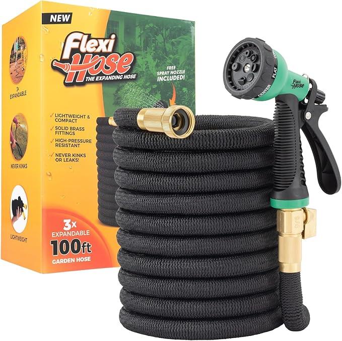Flexi Hose Expandable Garden Hose with 8 Function Nozzle, 100FT - Lightweight Retractable Garden Hose, Water Hose - No-Kink Flexibility, 3/4 Inch Solid Brass Fittings and Double Latex Core - NeatNest