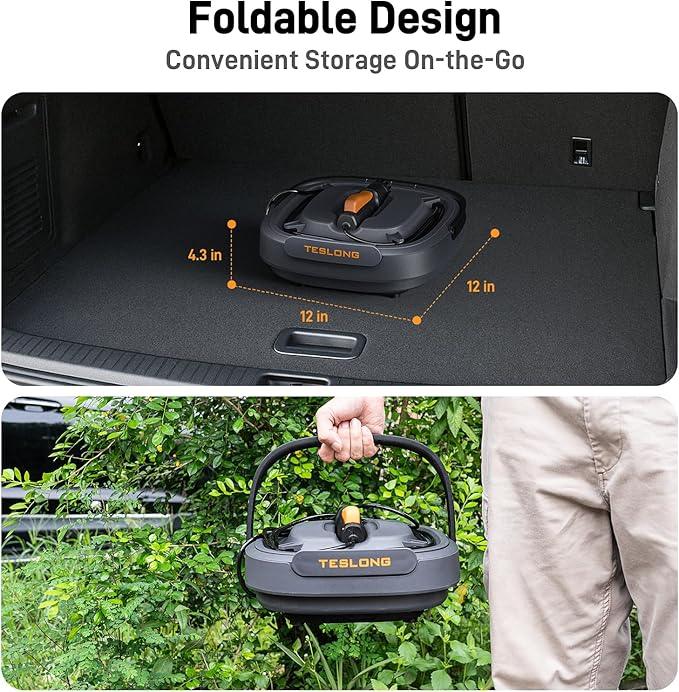 Teslong Portable Electric Pressure Washer with 12L Tank, Foldable Design, 4-in-1 Nozzle, Type-C Charging, 10L Water Storage Bag, Cordless Power Washer for Outdoor Camping, Gardening, and Pet Grooming - NeatNest