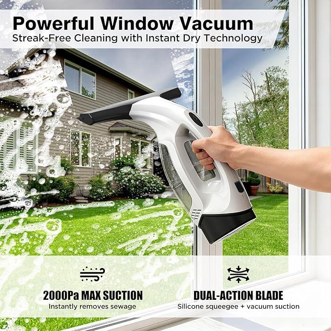 Window Vacuum Squeegee Cordless, 2000Pa Electric Window Cleaner Tool with 2200mAh & 150ml Water Collection Tank, Window Cleaning Kit Shower Squeegee for Glass Doors, Windows, Mirrors, Car (White) - NeatNest