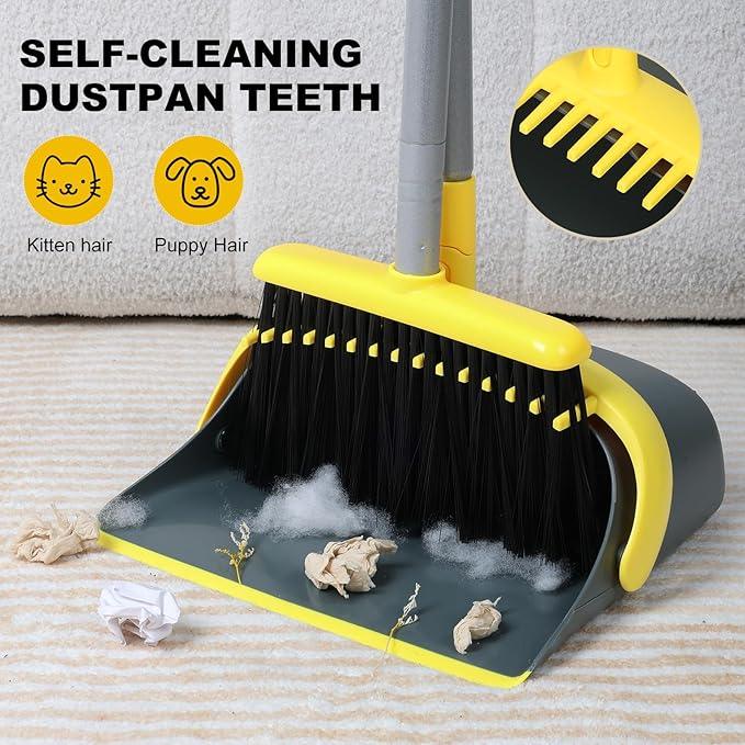 Broom and Dustpan Set with 54 Inch Long Handle - Perfect Dust Pan and Brush Combo for Home Efficient Cleaning (Yellow and Grey) - NeatNest