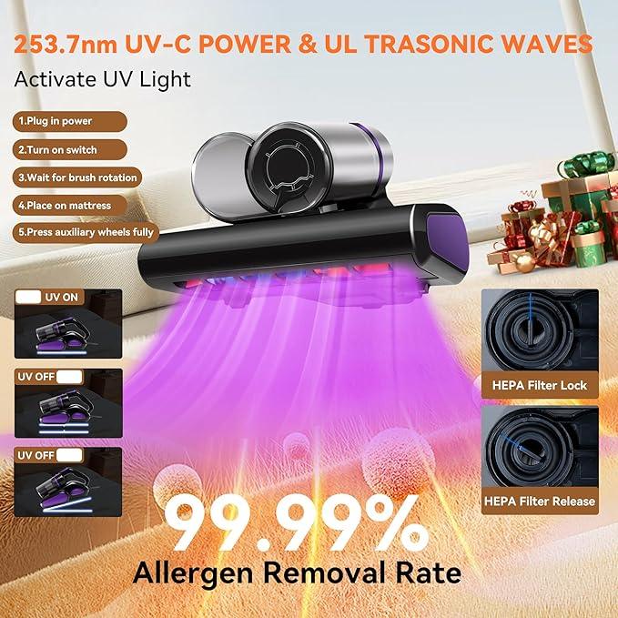 Mattress Vacuum Cleaner, 16KPa Suction Bed/Couch Vacuum, 253.7nm UV-C+140°F Heating+HEPA Filter, 600W Pet Hair Remover for Mattress/Sofa/Crib, Lightweight Corded Deep Cleaner - NeatNest