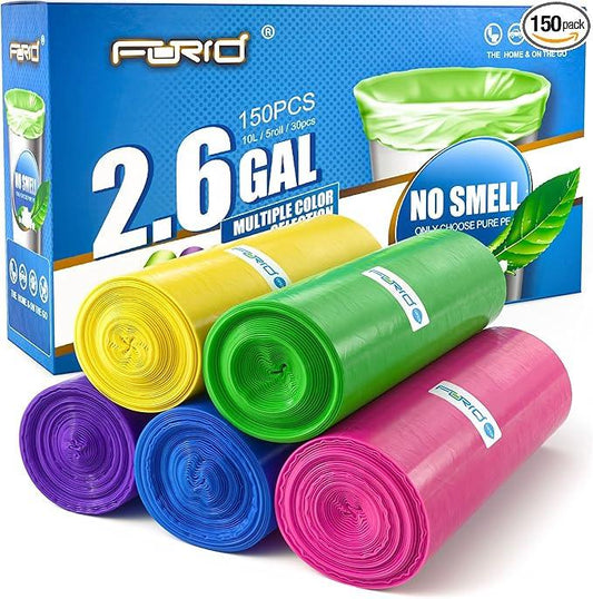 Forid Small Trash Bags for Bathroom - 2.6 Gallon Garbage Bags Unscented,Extra Thick Strong Wastebasket Can Liners for Home Office Bedroom,150 Bags Multi Colored - NeatNest
