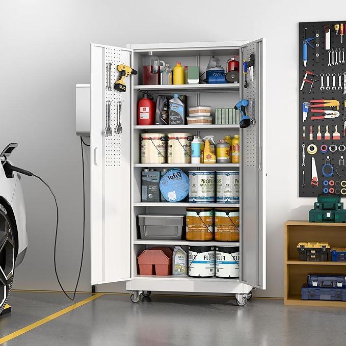 SUXXAN Garage Storage Cabinet with Pegboard and 5 Adjustable Shelves, 71'' x 32'' x 16''Metal Lockable Cabinet with Magnetic Doors,Tool Storage,Home Office Garage,Gym,School(White) - NeatNest