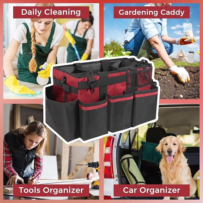 Wearable Cleaning Caddy, Cleaning Caddy Supplies Organizer with Handle & Shoulder Straps for Housekeepers, Under Sink & Car Cleaning Tool Organizers Bag with 4 Foldable Divider (Wine) - NeatNest