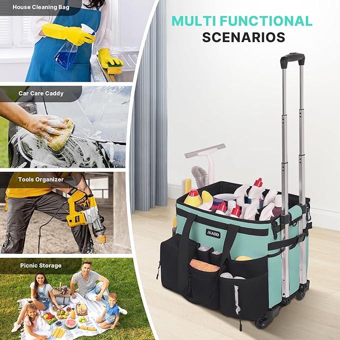 Large Rolling Cleaning Caddy Bag with Detachable Trolley, Waterproof Cleaning Caddy on Wheels for Housekeepers, Cleaning Cart Supplies Organizer for Home,Car,Office,Picnic (Blue-Green) (Patent) - NeatNest