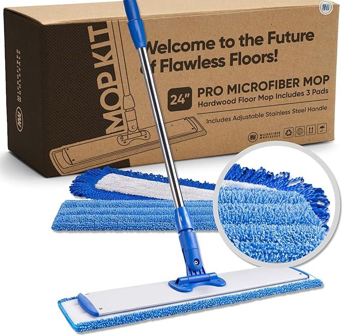 Microfiber Wholesale 24" Microfiber Mop System - Clean & Dust Hardwood, Laminate, & Tile Floors, Reusable Mop Heads, Adjustable Handle, Washable Micro Fiber Wet & Dry Pads, Industrial & Commercial - NeatNest