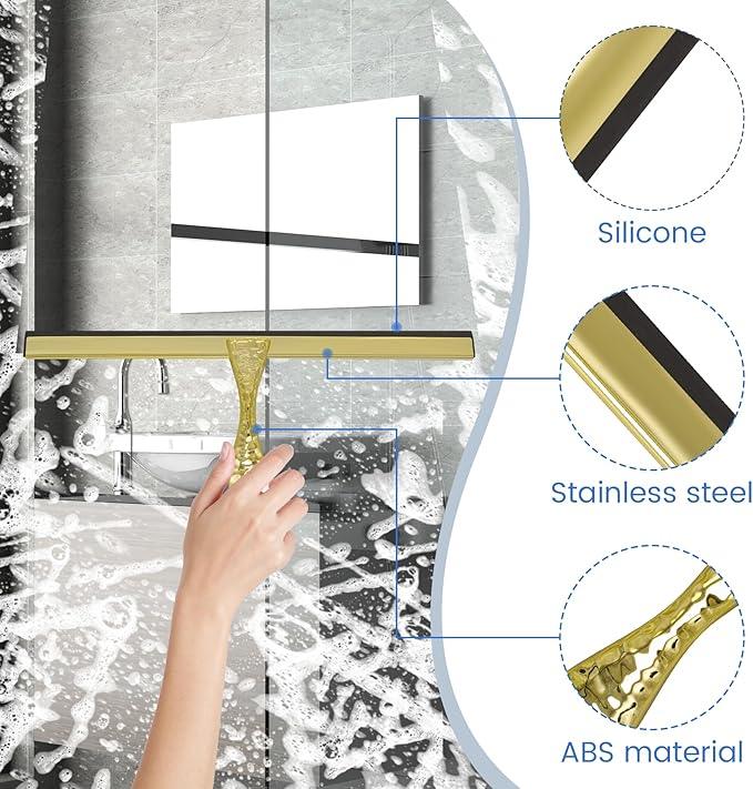 All-Purpose Silicone Shower Squeegee for Shower Glass Door,with 1 Hooks,for Bathroom Glass, Car, Tile Wall, Mirror Cleaning - Flower Shaped Handle for Easy-Grip 10 Inch Golden - NeatNest