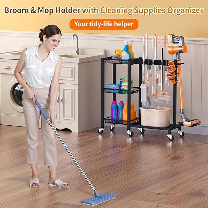 Broom Holder with Cleaning Supplies Organizer Load 350 LBS Cleaning Cart with Wheels Broom Closet Storage with 3-Tier Shelves, 6 Mop Hanger Grippers, 3 Double-Hooks, Vacuum Stand for Laundry Garage - NeatNest