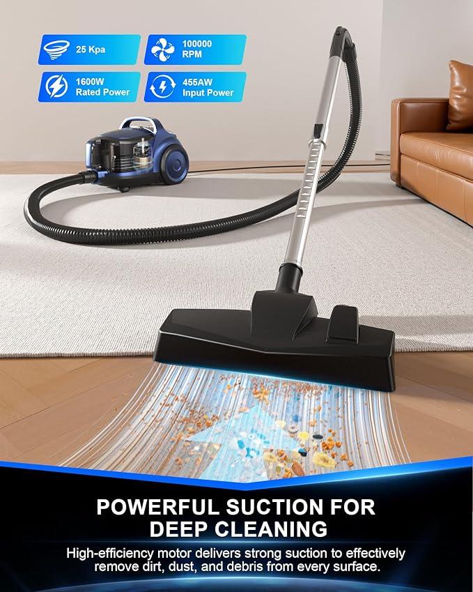 Bagless Canister Vacuum Cleaner,1600W Powerful High-Suction Bagless Canister Vac with 4.5QT Dust Cup,Pop-N-Go Brush,HEPA Filter,Dual Motors&4 Cleaning Tools,Perfect for Low-Pile Carpets&Hard Floors - NeatNest
