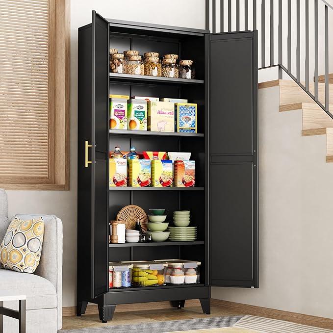 Black Pantry Storage Cabinet,71" Kitchen Pantry with Doors and 4 Adjustable Shelves, Metal Storage Cabinet, for Office, Home, Garage, School - NeatNest