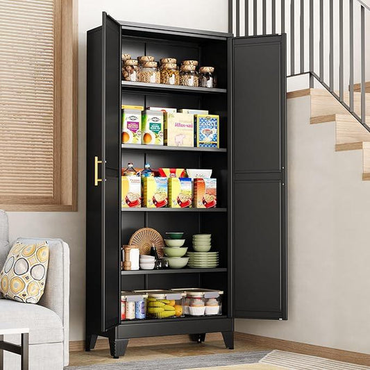 Black Pantry Storage Cabinet,71" Kitchen Pantry with Doors and 4 Adjustable Shelves, Metal Storage Cabinet, for Office, Home, Garage, School - NeatNest