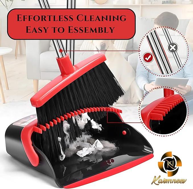 Standing Broom and Dustpan Set, Built-in Scraper Teeth, No-Slip Grip, Dust Collection Tray for Home, Office, Lobby, and Outdoor, Adjustable Handle from 38.18" to 52" (Black and Red) - NeatNest