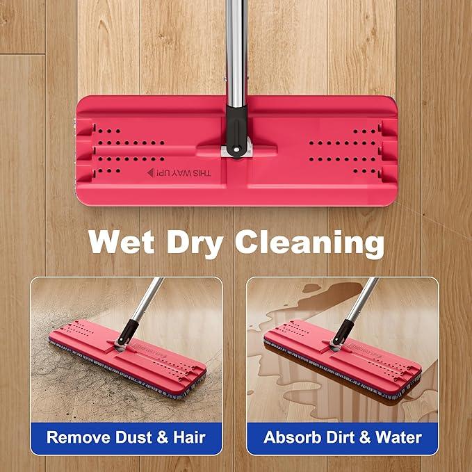 JOYMOOP Mop and Bucket with Wringer Set, Hands Free Flat Floor Mop and Bucket, with 6 Washable Microfiber Pads, Wet and Dry Use, Floor Cleaning System - Black+Red+Slate Blue - NeatNest