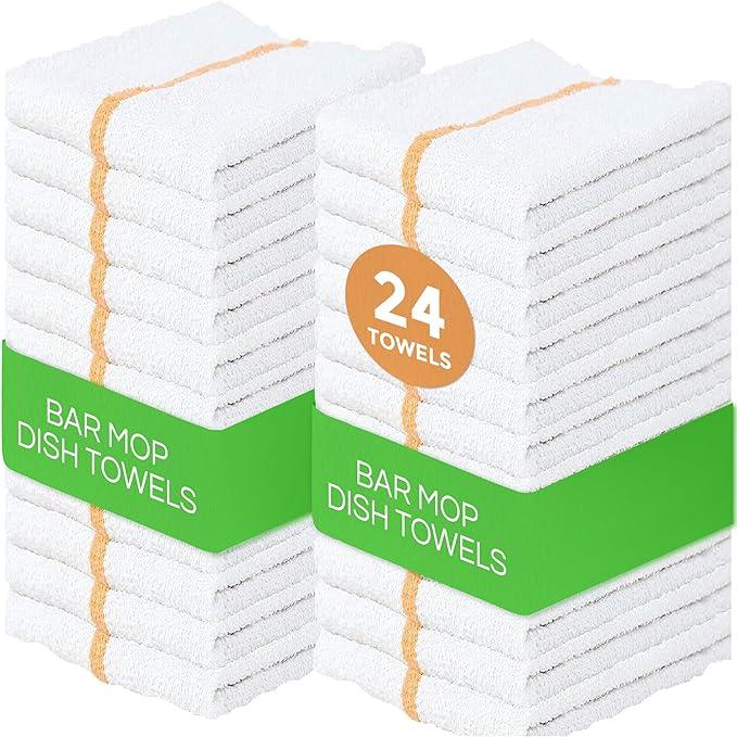 Towels N More 24 Pack 16x19 Bar Mop High Absorbent Cotton Reusable Kitchen Towels- Quick Dry for Chef, Cook, Home, Restaurant, Bar Glass Cleaning (24, Gold Stripe) - NeatNest