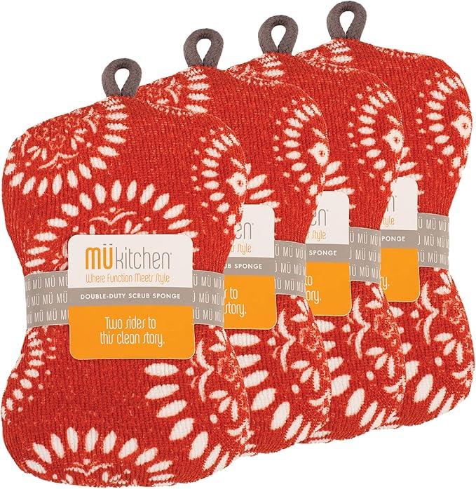 MÜkitchen Premuim Sponge for Dishes and Household Cleaning | Microfiber Print and Non-Scratch Scrub Pad | Set of 4 | (Medallion Red) - NeatNest
