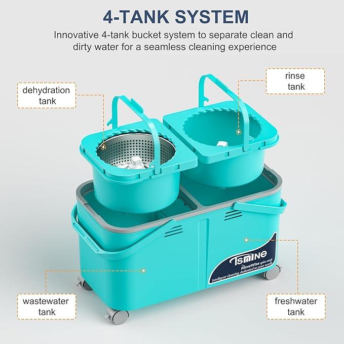 Gen 2 Smart Mop Bucket – 2025 with Wringer on Wheels,Clean & Dirty Water Separation,Spin Mop and Bucket with 6 Reusable Mop Heads, 360° Swivel Wheels for Home Cleaning-Blue - NeatNest