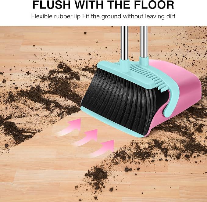 NACENA Broom and Dustpan Set, 52-in Long Adjustable Handle Broom Dustpan Combo with Dustpan Teeth to Automatically Clean Hair Suitable for Home Kitchen Office Hall Floor (Pink&Blue), 4 Pack - NeatNest