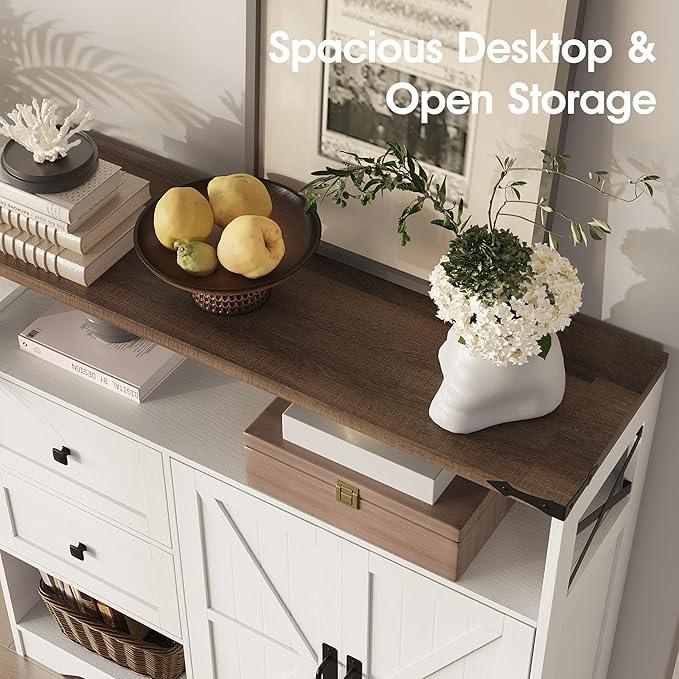 Fameill Farmhouse Storage Cabinet with Drawers and Open Storage,Freestanding Kitchen Pantry with 2 Barn Doors, Floor Cabinet with Adjustable Shelf for Living Room,White - NeatNest