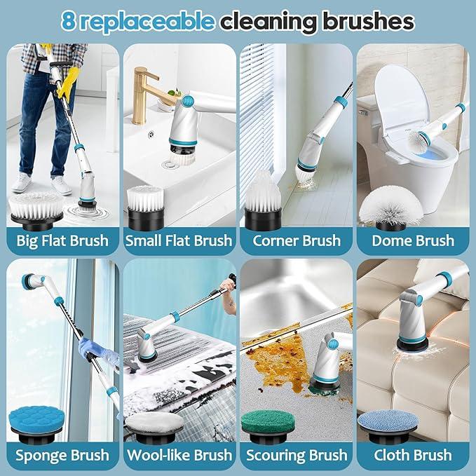 1500RPM Electric Spin Scrubber, 8 Brush Heads Electric Scrubber for Cleaning, Shower Scrubber with Long Handle and Two Battery, High Power Scrubber with Display for Bathroom/Tub/Floor - NeatNest