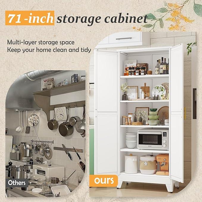 White Pantry Storage Cabinet,71" Kitchen Pantry with Doors and 4 Adjustable Shelves, Metal Storage Cabinet, for Office, Home, Garage, School - NeatNest